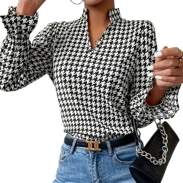 Women's long-sleeved blouse with classic houndstooth pattern and fashionable flounce sleeves NOVAE