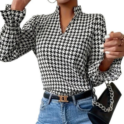 Women's long-sleeved blouse with classic houndstooth pattern and fashionable flounce sleeves NOVAE