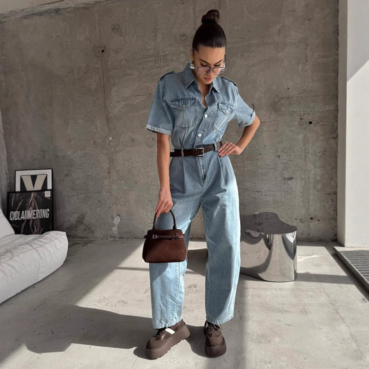 Women's denim jumpsuit with a fashionable cut and practical pockets NOVAE