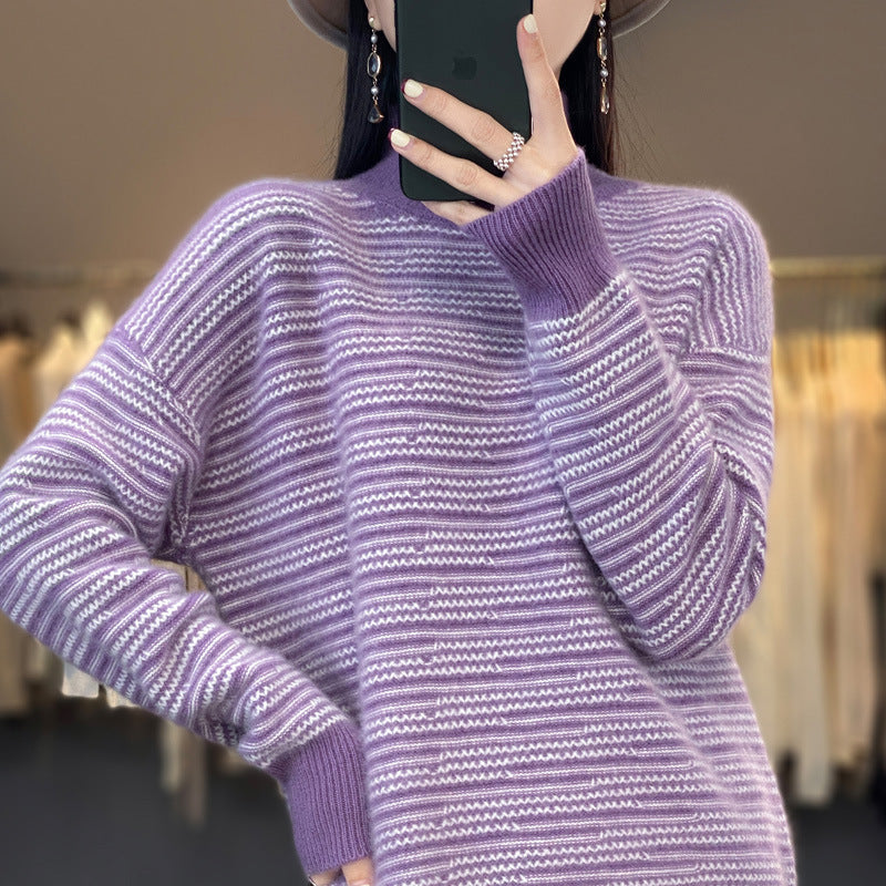 Women's knitted sweater with a modern striped pattern and comfortable thumb holes NOVAE