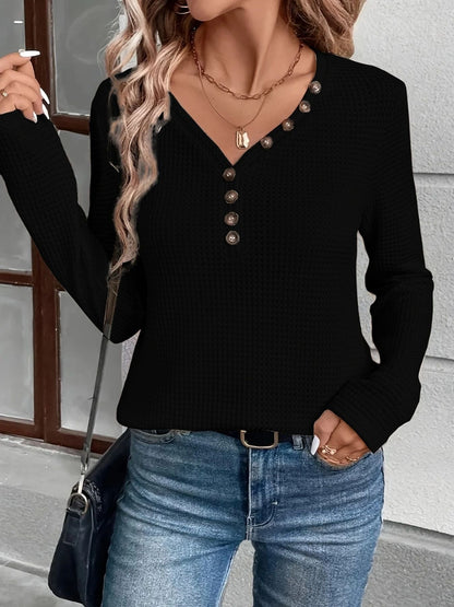 Women's waffle-textured long-sleeved shirt with button placket NOVAE