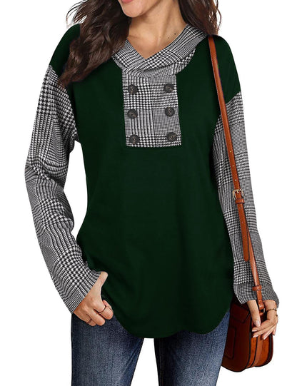 Women's fashionable sweatshirt with check pattern and button placket NOVAE