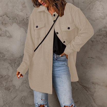Women's versatile oversized shirt jacket with patch pockets and button closure NOVAE