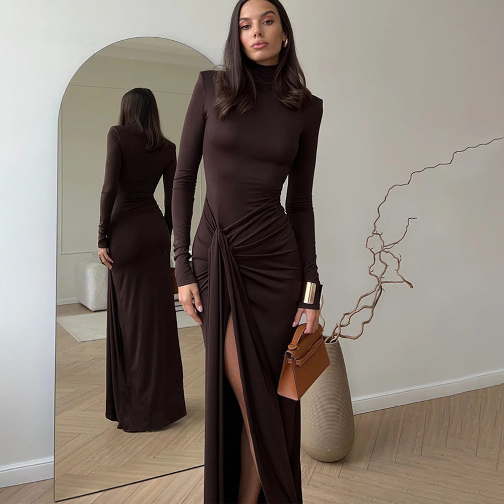 Women's Elegant Long-Sleeve Maxi Dress with Refined Waist Detail and High Collar NOVAE