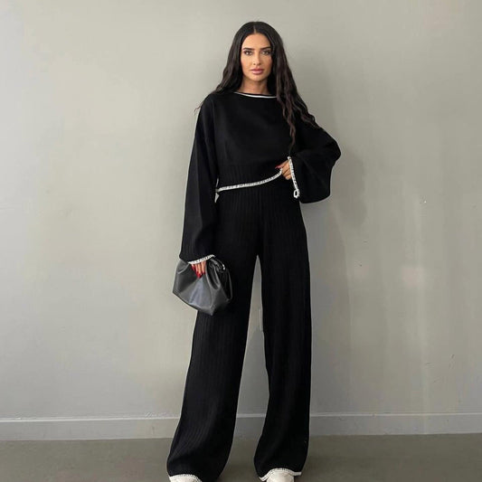 Women's cropped sweater and wide-leg trousers set with modern ribbed texture NOVAE