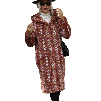 Women's long hair coat with Aztec pattern NOVAE