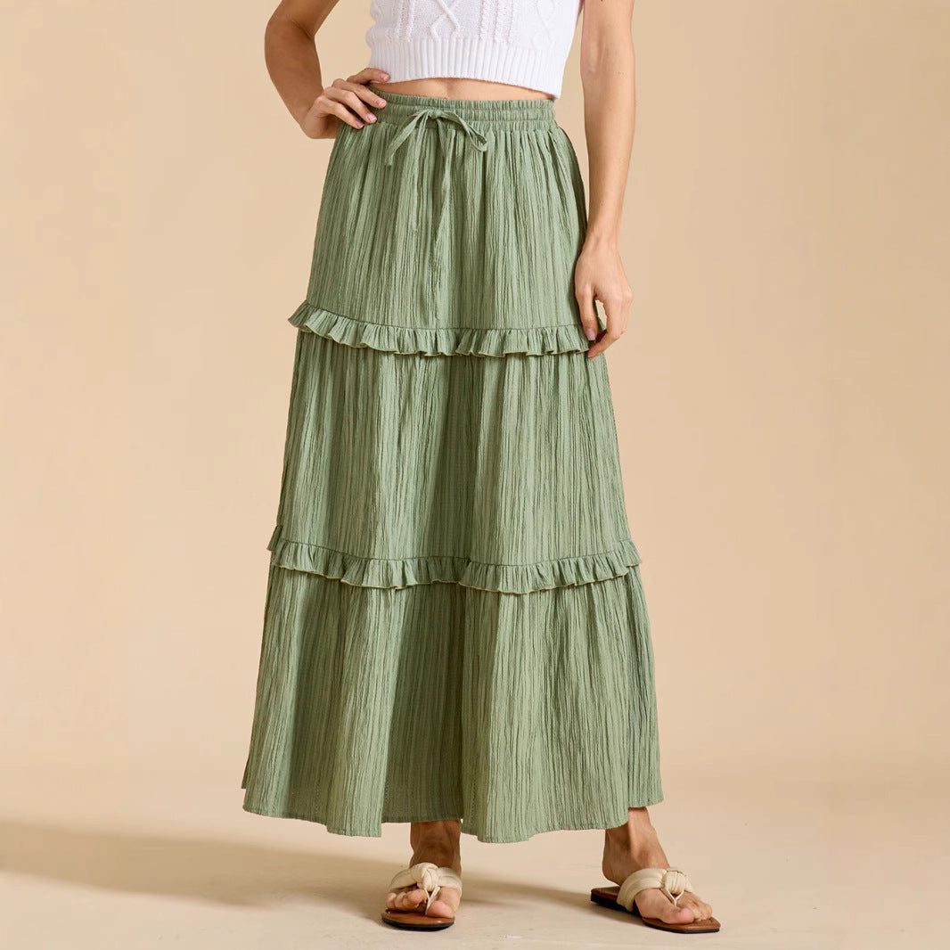 Women's Long Flowy Skirt with Ruffles and Elastic Waistband NOVAE
