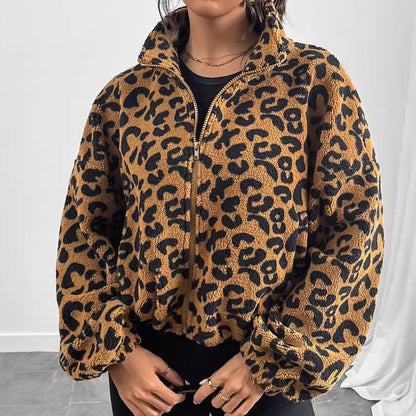 Women's Plush Short Jacket in Leopard Print with High Collar NOVAE