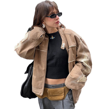 Women's fashionable vintage-style jacket with artistic decorative stitching and a worn effect NOVAE