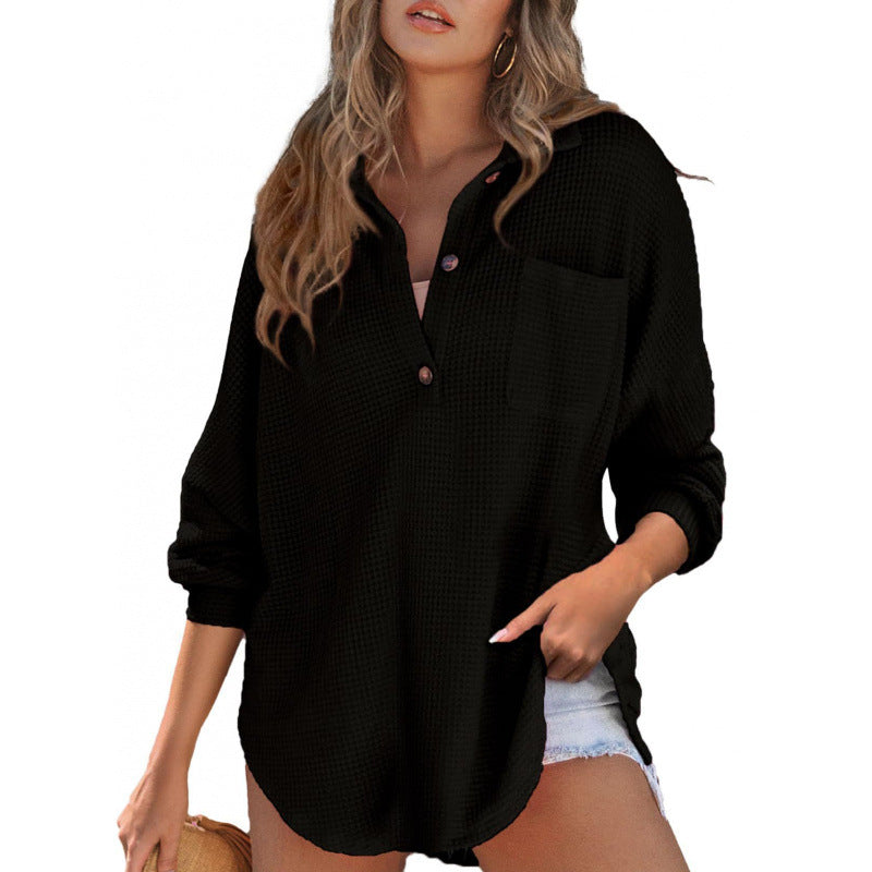 Women's casual waffle shirt with stand-up collar and button placket NOVAE