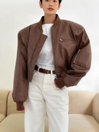 Women's leather bomber jacket with practical zip pockets and elastic waistband NOVAE