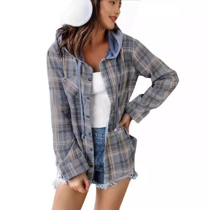 Women's nostalgic checked blouse with hood and button closure NOVAE