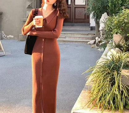 Women's knitted maxi dress with button closure and fashionable collar NOVAE