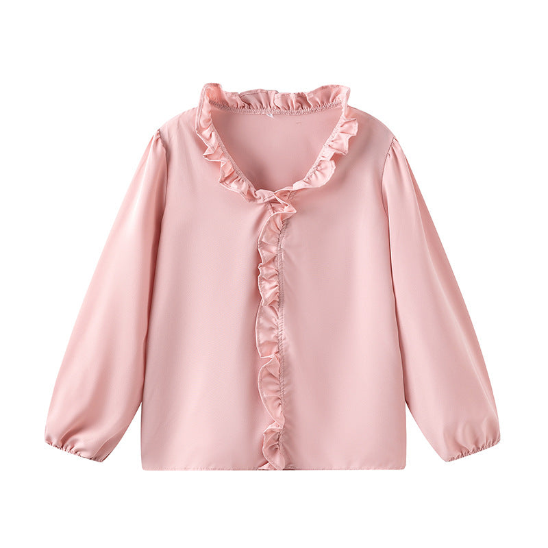 Women's blouse with ruffle details and elegant stand-up collar NOVAE