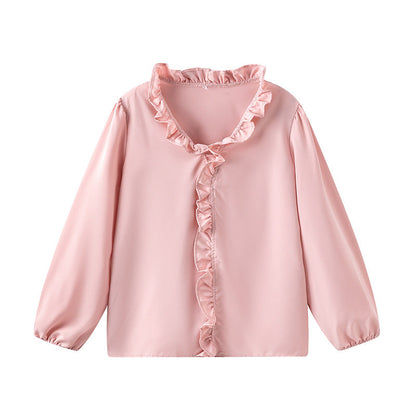 Women's blouse with ruffle details and elegant stand-up collar NOVAE
