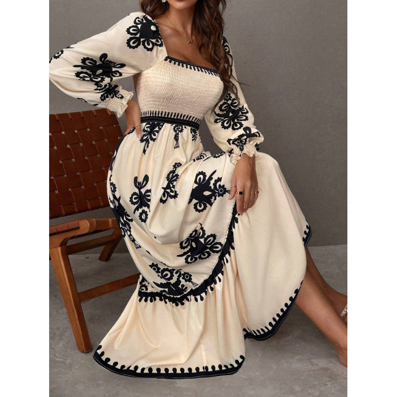 Women's maxi dress with puff sleeves and elegant embroidery pattern NOVAE