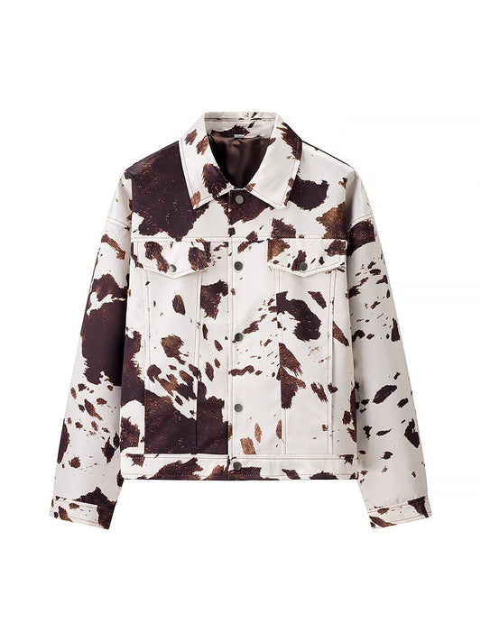 Women's casual denim jacket in a modern cow print design NOVAE