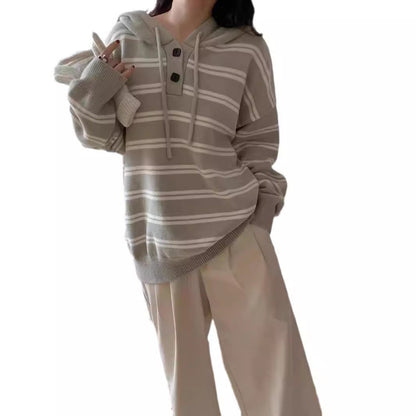 Women's casual striped sweater with button placket and hood NOVAE