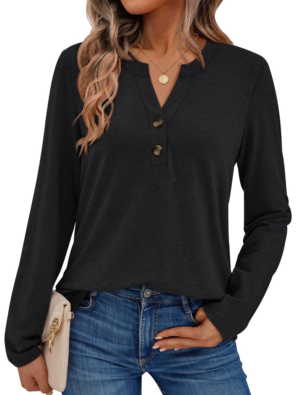 Women's casual long-sleeved shirt with button detail and round neckline NOVAE