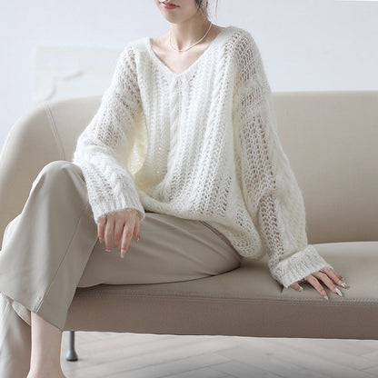 Women's chunky knit sweater with V-neck and airy structure NOVAE