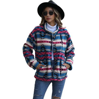 Women's fleece jacket in boho style with a unique geometric pattern and large buttons NOVAE