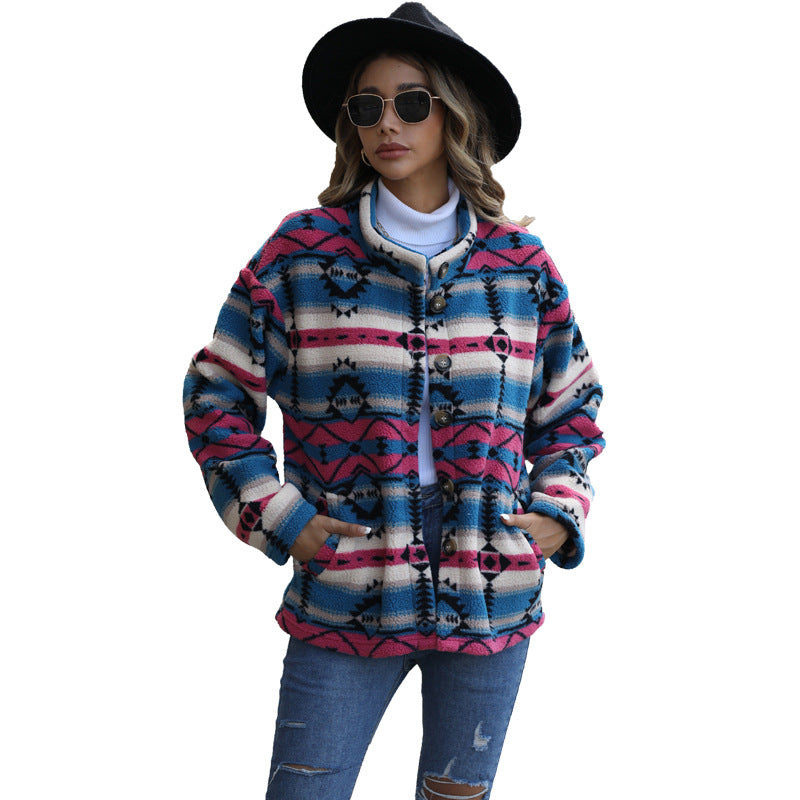Women's fleece jacket with attractive geometric patterns and practical pockets NOVAE