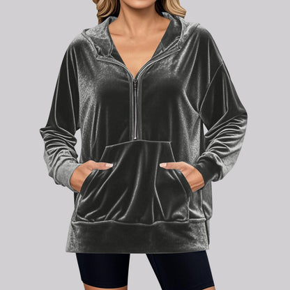 Women's velour hoodie with high collar and practical pockets NOVAE