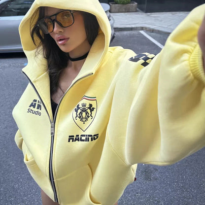 Women's oversized hooded jacket with graphic racing design NOVAE