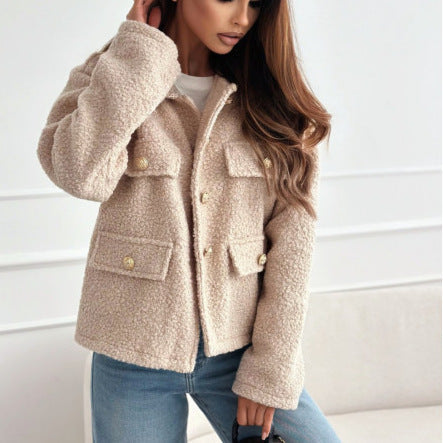 Women's Fluffy Fleece Jacket with Decorative Pockets and Gold Buttons NOVAE