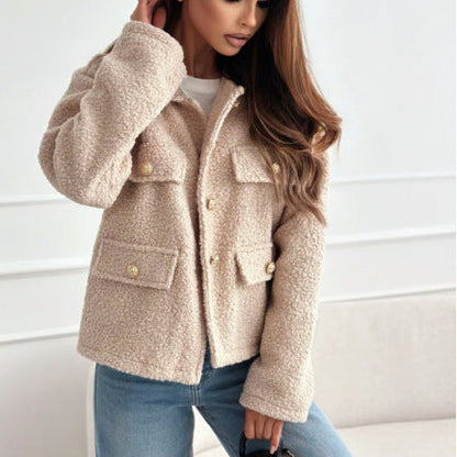 Women's Fluffy Fleece Jacket with Decorative Pockets and Gold Buttons NOVAE