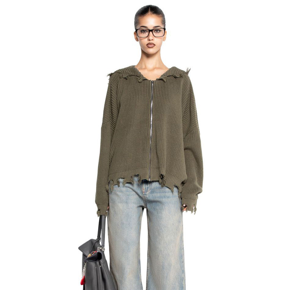 Women's casual hoodie with fashionable ripped design and wide sleeves NOVAE