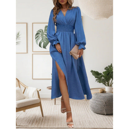 Women's maxi dress with deep V-neck and long puff sleeves NOVAE