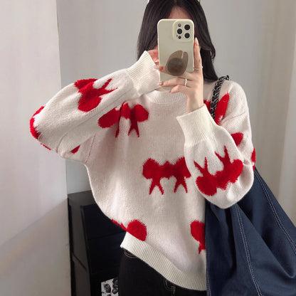 Women's Cozy Knit Sweater with Playful Bow Motif NOVAE