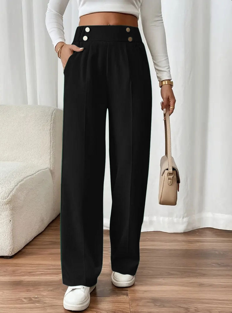 Women's wide-leg high-waisted trousers with elegant button details NOVAE