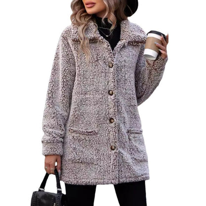 Women's Fluffy Transitional Jacket with Large Patch Pockets and Button Details NOVAE