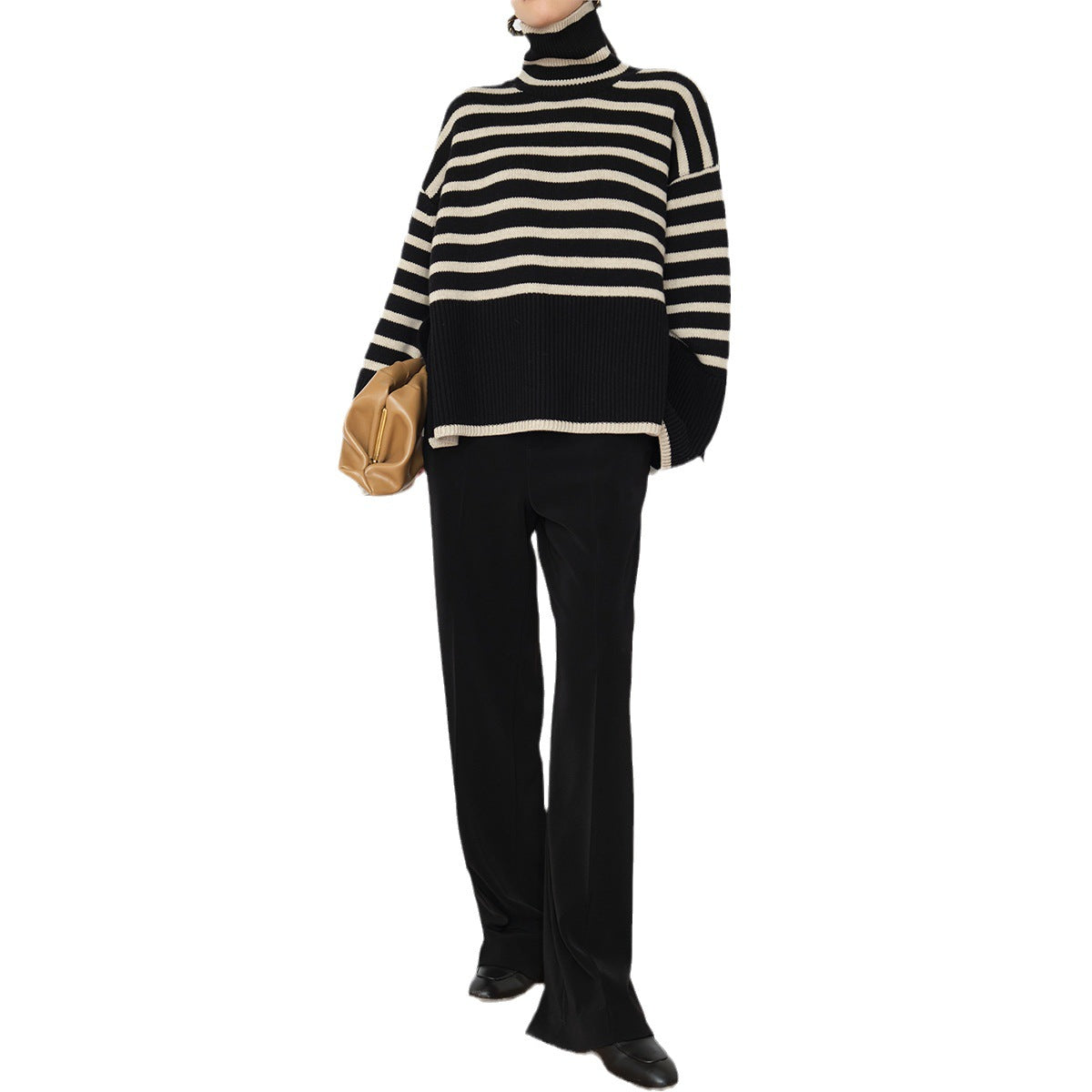 Women's Casual Knit Sweater with Block Stripes and High Collar NOVAE