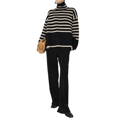 Women's Casual Knit Sweater with Block Stripes and High Collar NOVAE