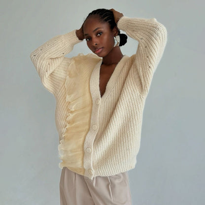 Women's cardigan with ruffle details and button closure NOVAE