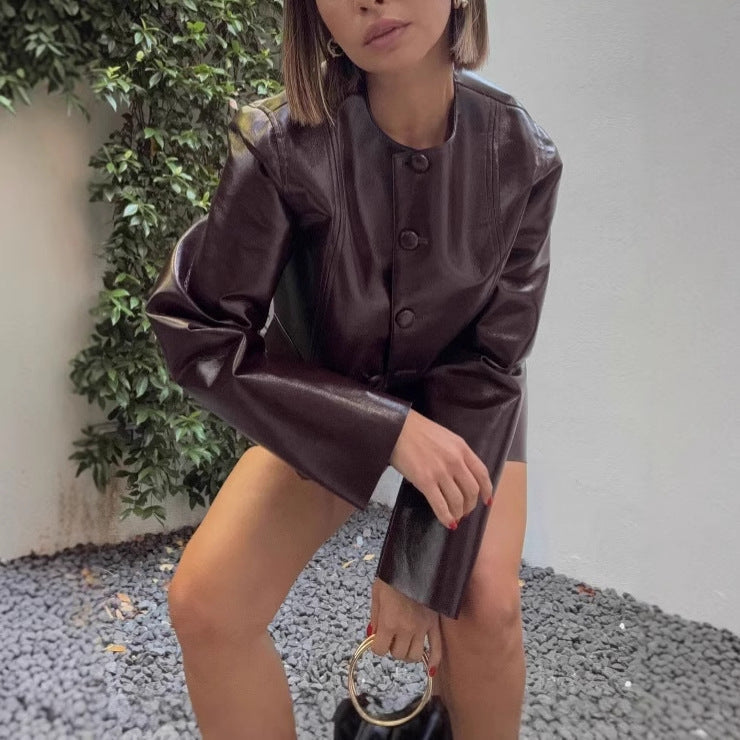 Women's fashionable faux leather jacket in a classic style with generous pockets NOVAE