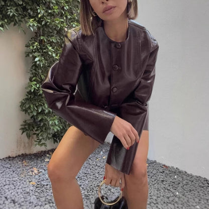 Women's fashionable faux leather jacket in a classic style with generous pockets NOVAE