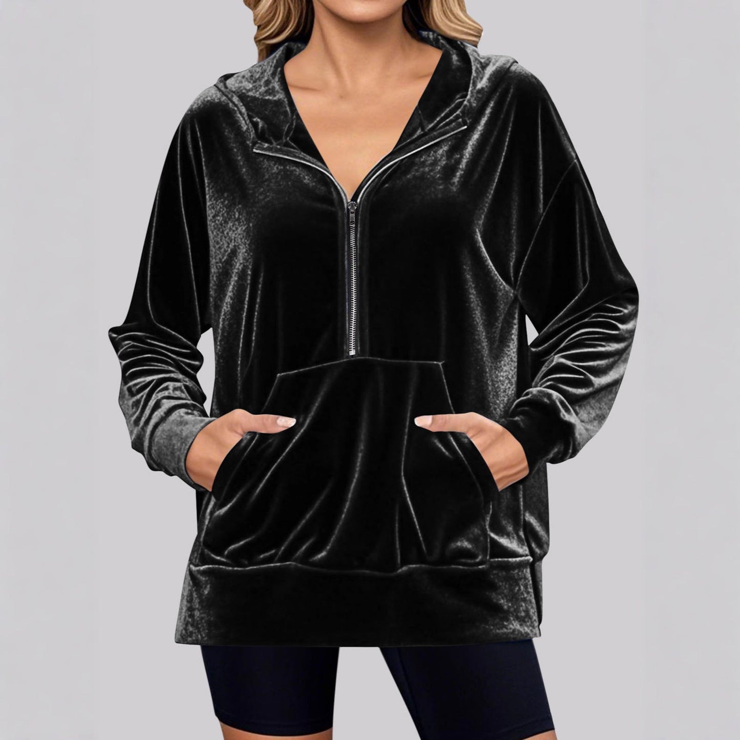 Women's velour hoodie with high collar and practical pockets NOVAE