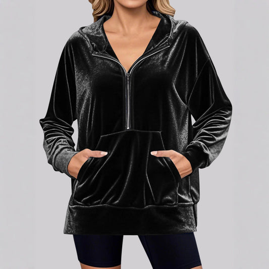 Women's velour hoodie with high collar and practical pockets NOVAE