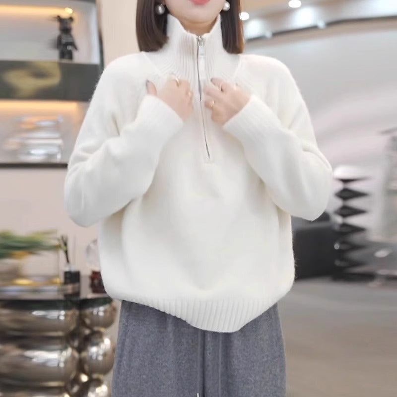 Women's knit sweater with high collar and practical zipper NOVAE