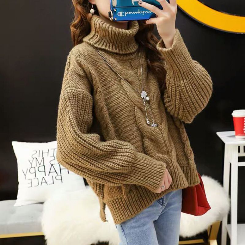 Women's chunky knit sweater with high roll neck and modern cable pattern NOVAE