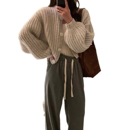 Women's chunky knit cardigan with voluminous sleeves and large buttons NOVAE