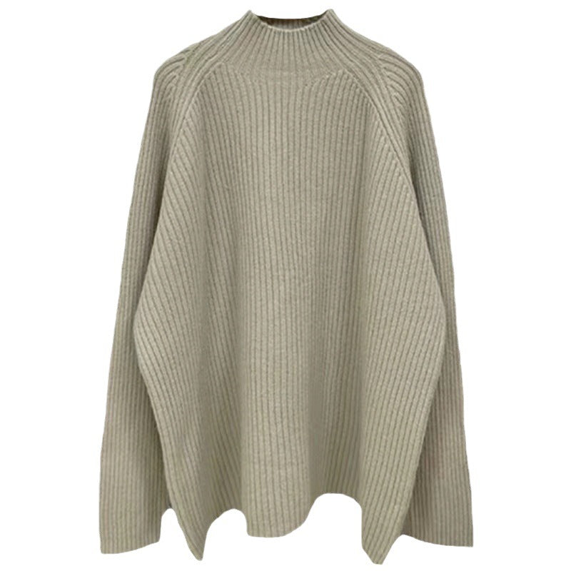 Women's Oversized Knit Sweater with High Collar and Fine Ribbed Texture NOVAE