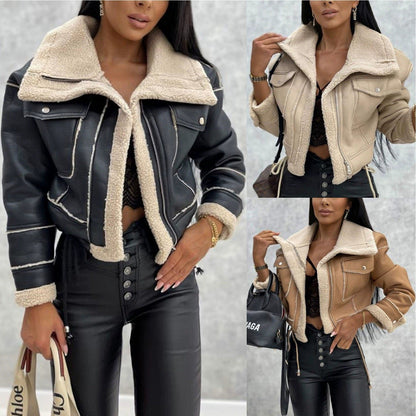 Women's trendy and cozy lambskin jacket with detachable collar NOVAE