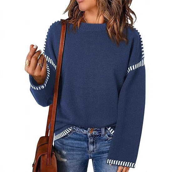 Women's fashionable sweater with textured material and striped details NOVAE