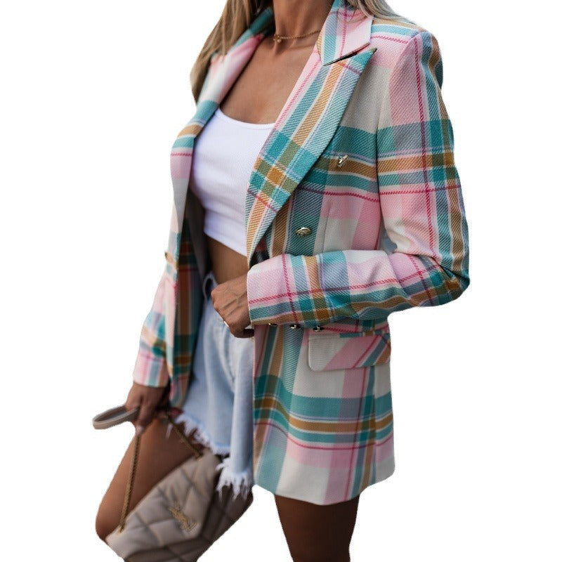 Women's checked blazer with double-breasted button fastening and elegant details NOVAE