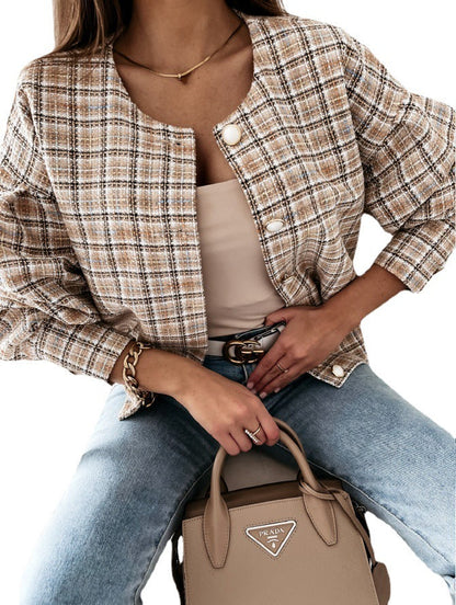 Women's fashionable checked cardigan with unique button closure NOVAE